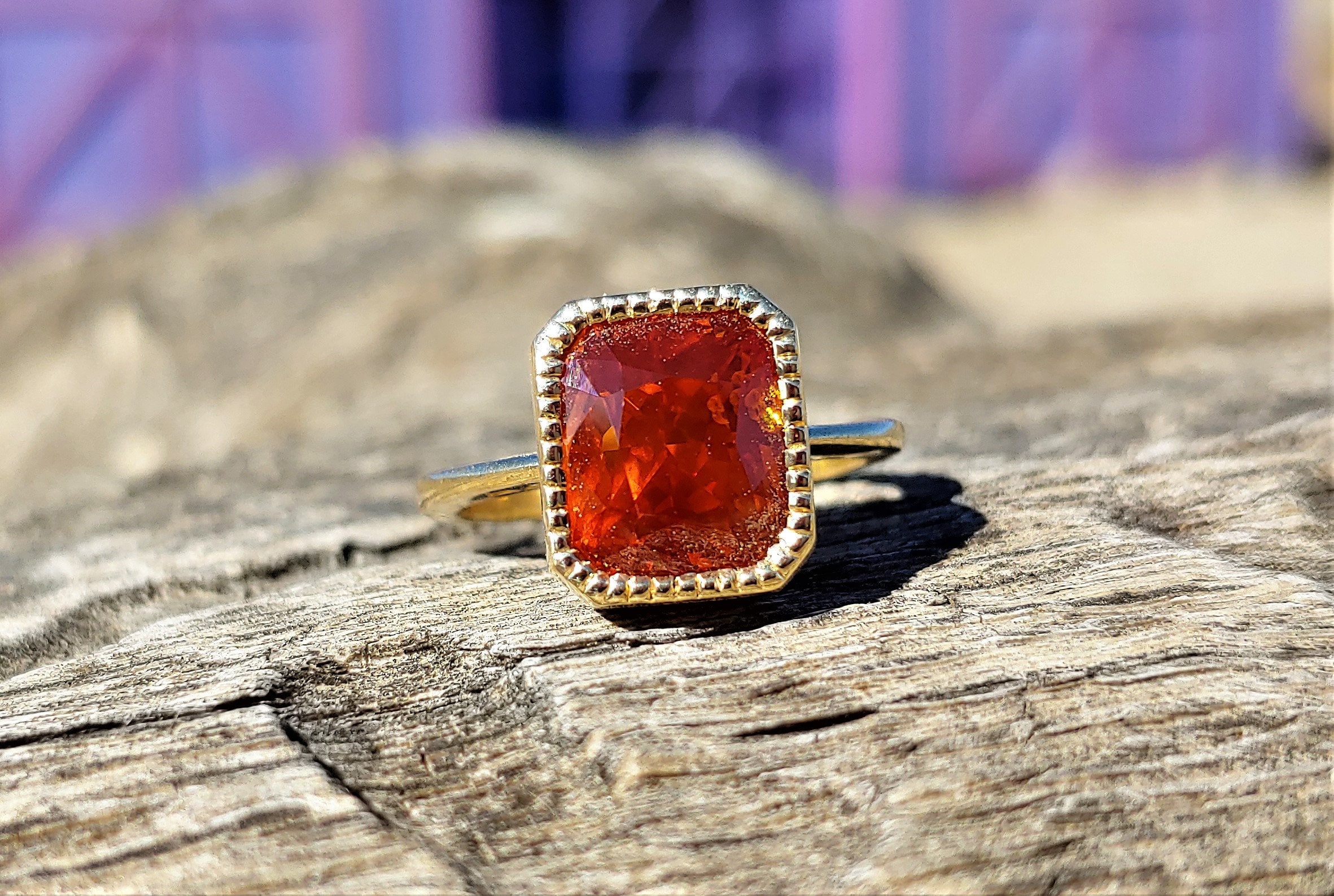 Bezel Set 5.38ct Orange Sapphire Engagement Ring 18k Yellow