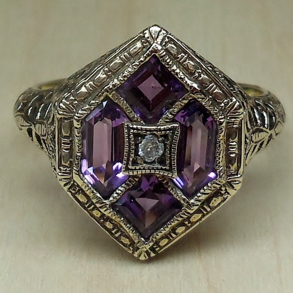 Vintage Antique Art Deco 14K White Gold Amethyst Diamond Unique Alternative Engagement Ring Art Deco 1920