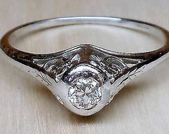 Art Deco .12ct Old European Cut Diamond 14k White Gold Engagement Ring Vintage Engagement Ring Antique Engagement Ring Edwardian Engagement