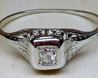 Art Deco .10ct Old European Cut Diamond Engagement Ring Vintage Engagement Ring Unique Engagement Ring 14k White Gold 1920