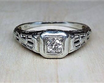 Art Deco .12ct Old European Cut Diamond Engagement Ring 18k White Gold Vintage Engagement Ring Antique Engagement Ring Unique Engagement