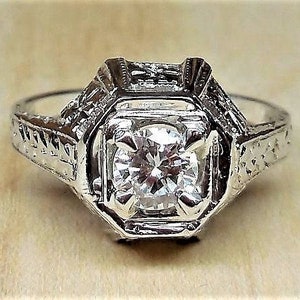 Antique .33ct Diamond 18k White Gold Engagement Ring Vintage Engagement Ring Art Deco Engagement Ring