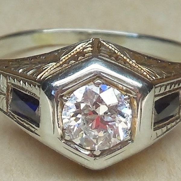 Vintage Antique .95ct Old European Cut Diamond Sapphire 18k White Gold Engagement Ring 1920's Art Deco Filigree
