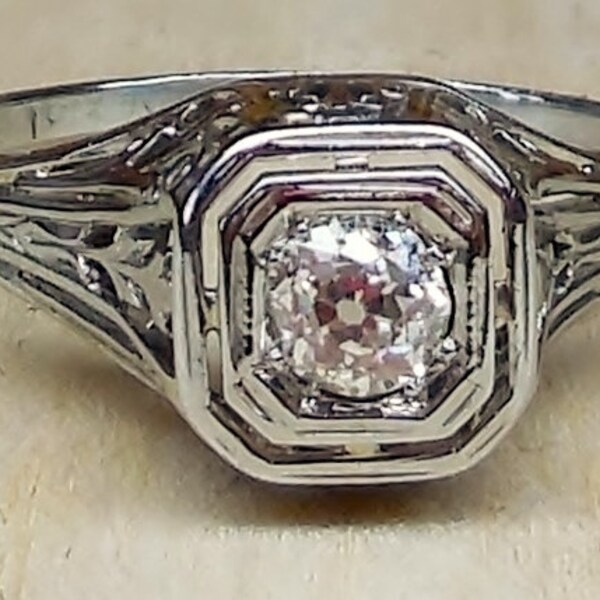 Vintage Antique .25ct Old European Cut Diamond 18k White Gold Engagement Ring 1920's Art Deco Filigree