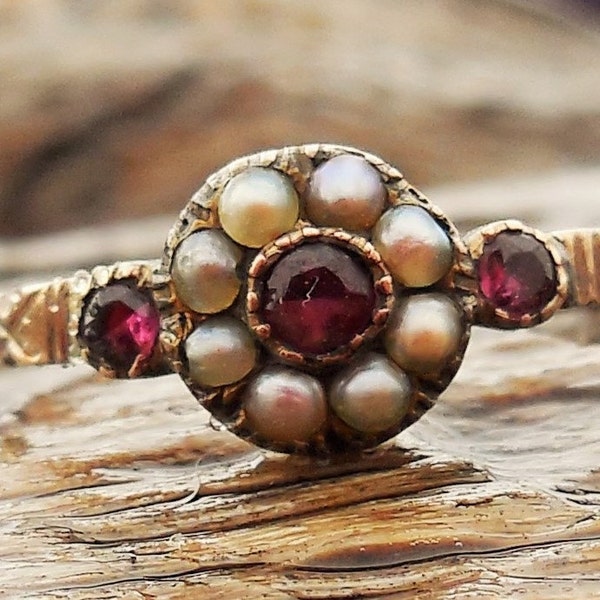 Vintage Antique Ruby Pearl 9k Yellow Rose Gold Unique Engagement Ring Georgian 1820
