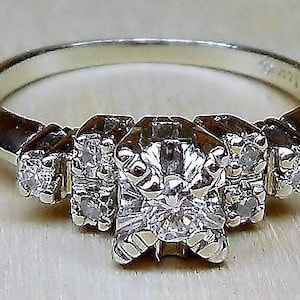 Vintage .17ct Diamond Engagement Ring 14k White Gold Engagement Ring Art Deco Engagement Ring Unique Engagement Ring 1950&#39;s Engagement Ring