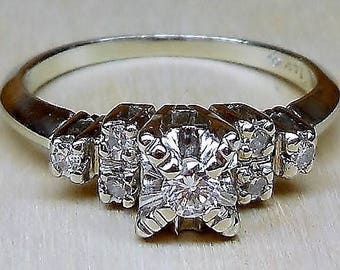 Vintage .17ct Diamond Engagement Ring 14k White Gold Engagement Ring Art Deco Engagement Ring Unique Engagement Ring 1950's Engagement Ring