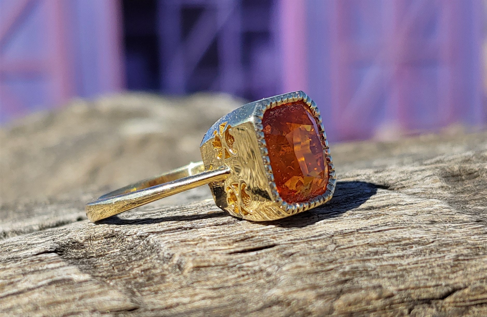 Bezel Set 5.38ct Orange Sapphire Engagement Ring 18k Yellow