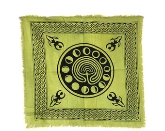 Cotton Tapestry Altar Cloth Green Phases of Moon 18" x 18" for Witchcraft, Wicca, Pagan, Voodoo, and Hoodoo and more