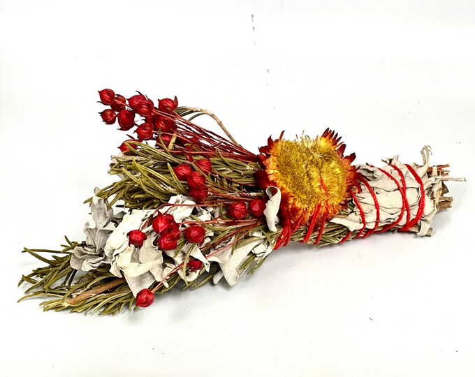 Rosemary, White Sage, Red Pearl, Red Phalaris , Red Strawberry flower 4" Smudge Stick for Space Clearing
