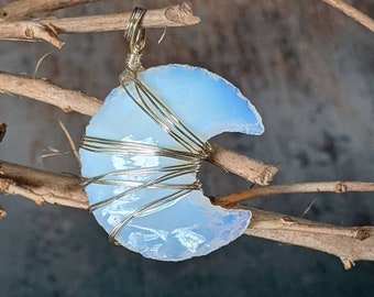 Wire-wrapped Opalite Moon Pendant for Metaphysical and Spiritual Use