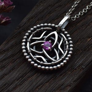 Triquetra pendant with sapphire Celtic knot necklace Handmade pagan jewelry