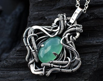 Chrysoprase pendant Green gem artisan silver fantasy necklace Wire wrapped jewelry OOAK