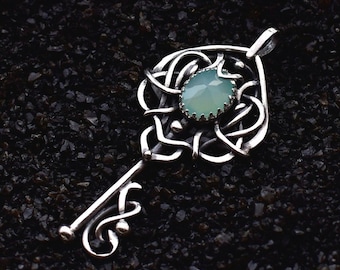 Fantasy silver key necklace OOAK Blue chalcedony metalsmith fairy key pendant Wire wrapped jewelry Elven jewelry