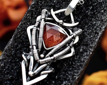 Sterling Silver Gothic Necklace, Orange Kyanite Pendant, Unisex Whimsigoth Fantasy Jewelry, Dark Elven Statement Piece
