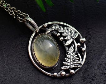 Fern necklace with green prehnite Floral moon with fern leaf pendant Forest modern witch Plant jewelry Sterling silver OOAK jewelry