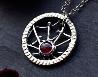 Spider web pendant garnet Silver whimsigoth necklace Witchy Gothic gift Artisan jewelry