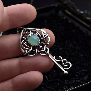Fantasy silver key necklace OOAK Blue chalcedony metalsmith fairy key pendant Wire wrapped jewelry Elven jewelry