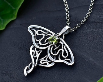 Luna moth necklace Peridot butterfly pendant Sterling Silver green moon moth pendant Handcrafted Nature jewelry