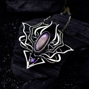 Dark elven fantasy necklace Whimsigoth necklace Purple labradorite Amethyst gothic jewelry Wire wrapped OOAK Artisan jewelry