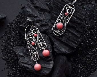 Coral delicate earrings necklace set Silver wire wrapped jewelry Unique bridal jewelry set