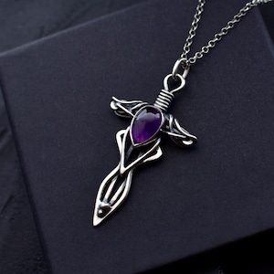 Sterlingzilveren Athame Dolkketting Amethist zwaardhanger Gotisch fantasiewapen Heksensieraden