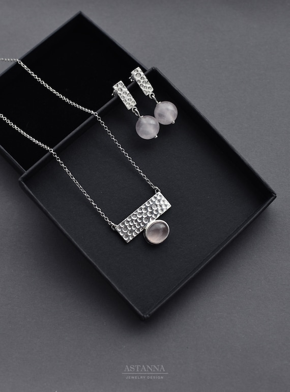 Rose quartz necklace earrings set Sterling silver choker Minimalist rectangle matching set for her
