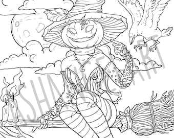 Pumpkin Witch Coloring Page Print Off Digital File DIY