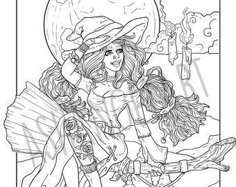 Witch Flying Coloring Page Print Off Digital File DIY