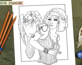 Pirate Lady with Parrot Joke Cork Shooter DIY Coloring Book Page Print Off Digital Download