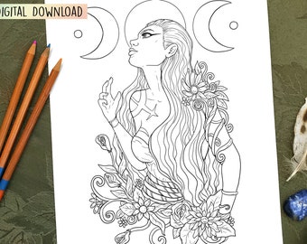 Witchy 3 Moon Phase Adult Coloring Book Page Print Off Digital File