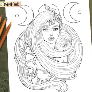 Witchy 3 Mond Phase Erwachsene Färbung Buch Seite drucken Aus digitale Datei