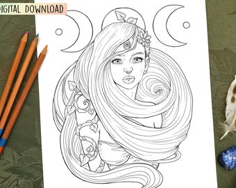 Witchy 3 Moon Phase Adult Coloring Book Page Print Off Digital File