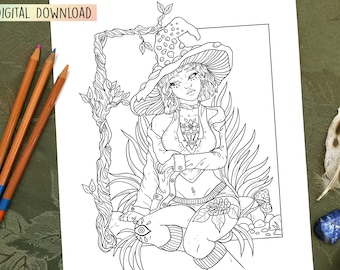 Mushroom Witch Coloring Page Print Off Digital File DIY