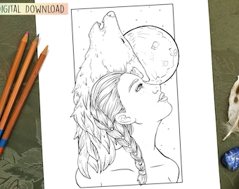 Girl and Wolf Beneath The Moon Coloring Page Instant Print Off DIY Creative Fun