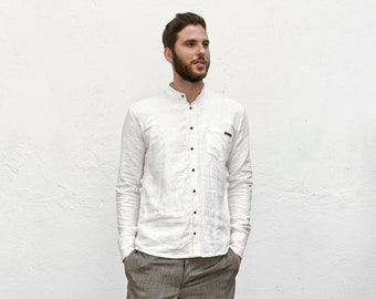 Linenshirt offwhite with stand-up collar