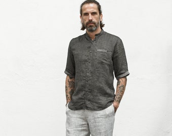 Gray short sleeves shirt linen with stand-up collar