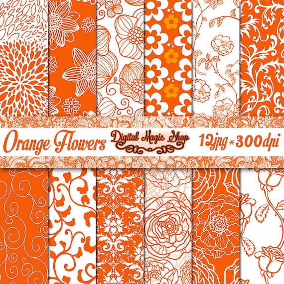 Orange Digital Paper Orange Floral Paper Pack Damask | Etsy