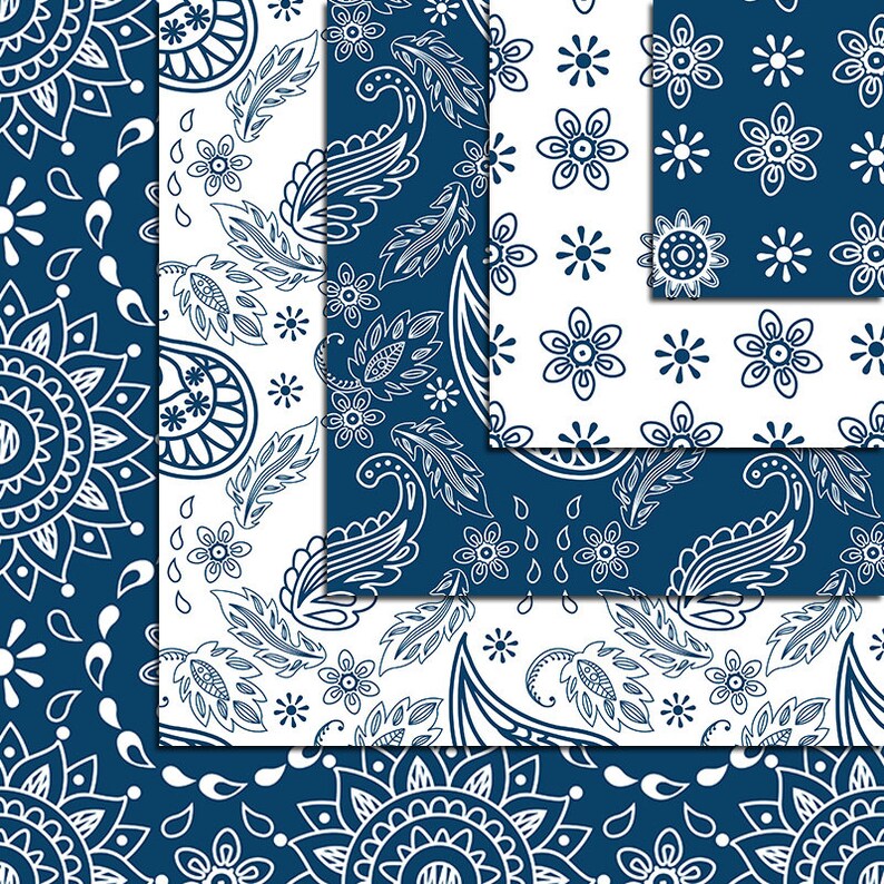 Navy Blue Paisley Digital Paper Seamless pattern Hand Drawn | Etsy
