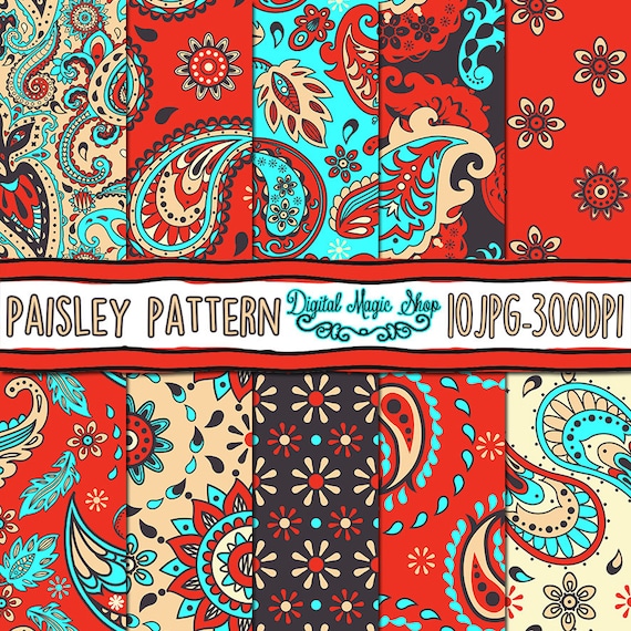 Hand Drawn 10pcs 300dpi Traditional Paisley Digital Paper Seamless pattern paper crafts, card making, scrapbooking