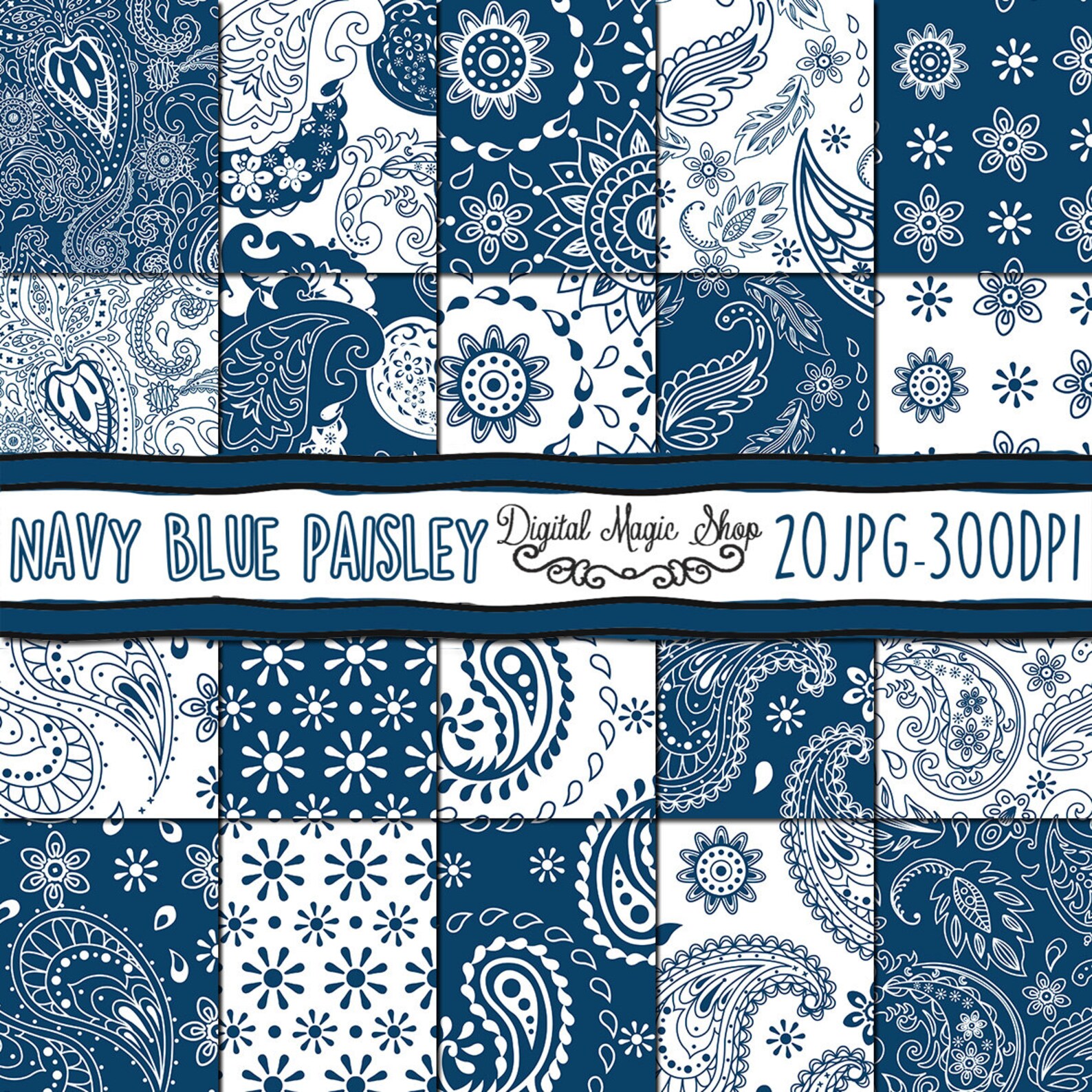 Navy Blue Paisley Digital Paper Seamless Pattern Hand Drawn | Etsy