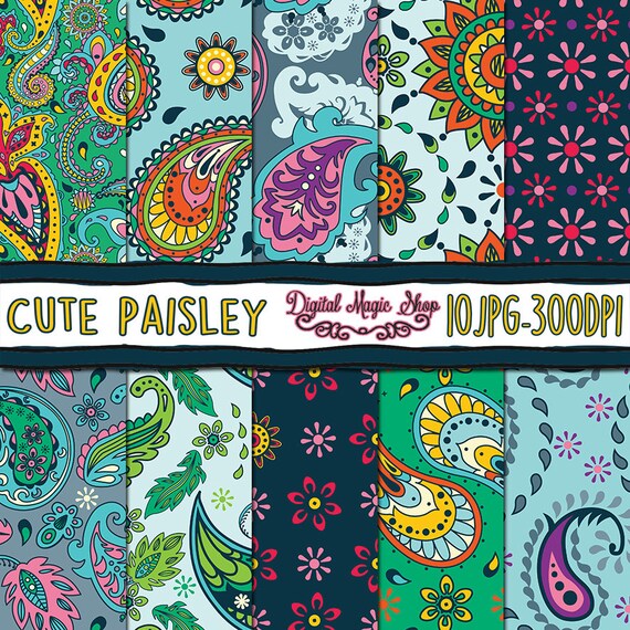 Hand Drawn 10pcs 300dpi Traditional Paisley Digital Paper Seamless pattern paper crafts, card making, scrapbooking