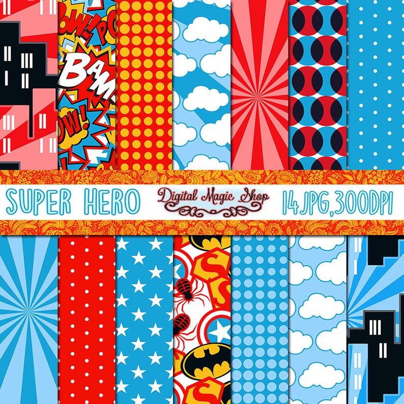 Superhero Digital Paper Seamless Patterns 14pcs 300dpi | Etsy