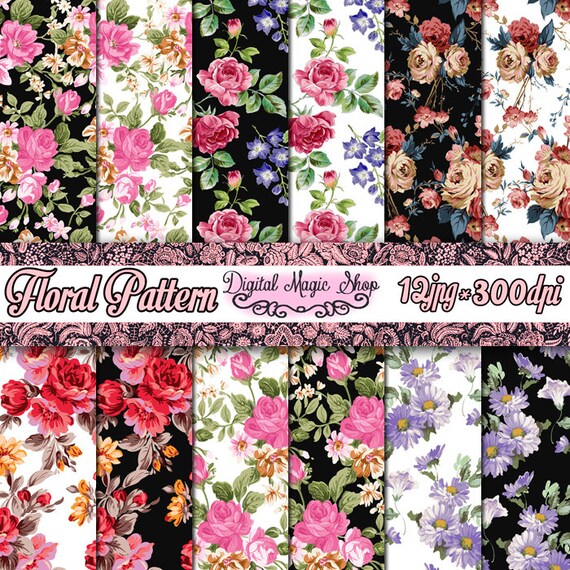 Victorian Floral Pattern Black And White Background Digital Etsy