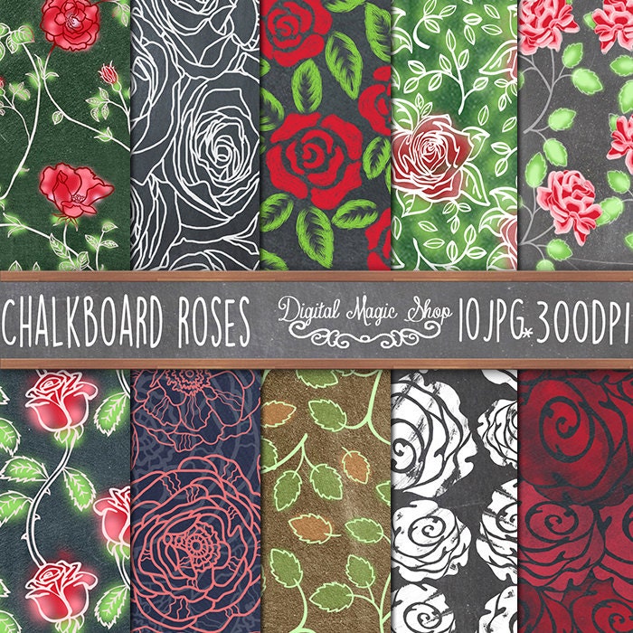 Chalkboard Roses Hand drawn flower Seamless Patterns 10pcs | Etsy
