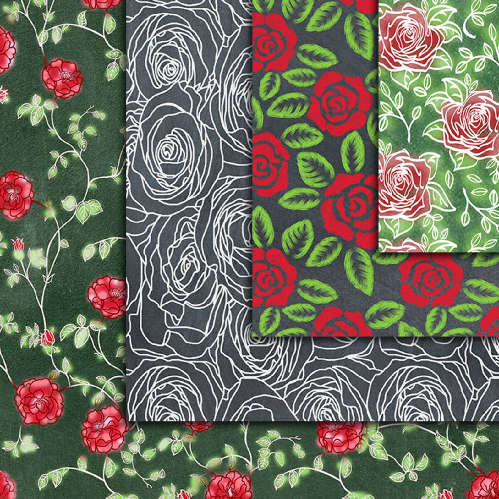 Chalkboard Roses Hand Drawn Flower Seamless Patterns 10pcs | Etsy