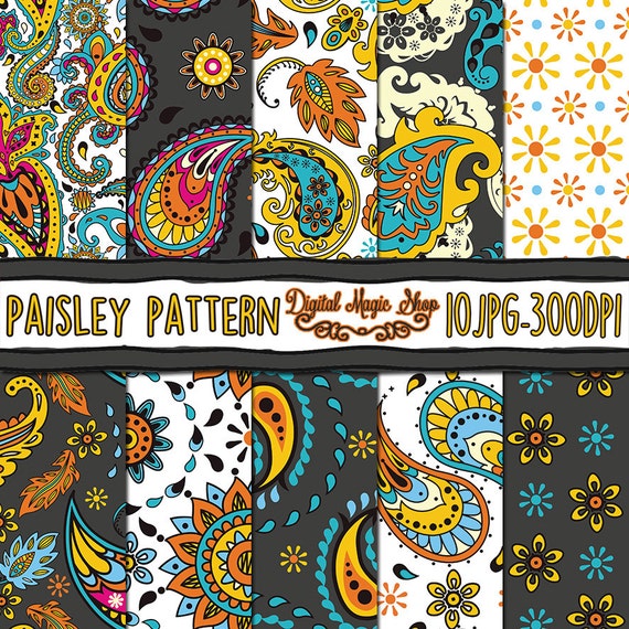 Hand Drawn 10pcs 300dpi Traditional Paisley Digital Paper Seamless pattern paper crafts, card making, scrapbooking