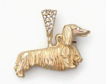 14Kt Long Haired Dachshund Necklace, Gold Long Haired Dachshund Pendant, Diamond Dachshund, Donna Pizarro's Animal Whimsey Collection