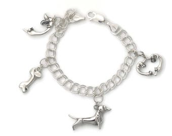 Bracelet à breloques teckel en argent sterling, bracelet teckel en argent, Donna Pizarro, collection Animal Whimsey, bijoux teckel fin