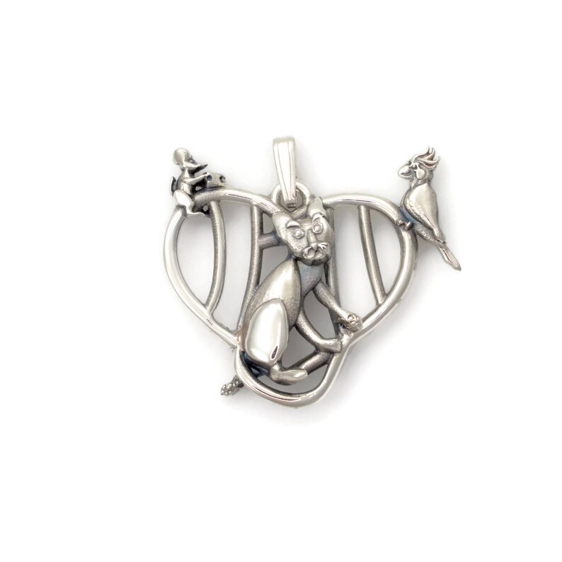 Sterling Silver Cat Pendant, Silver Cockatiel Necklace fr Donna Pizarro's Animal Whimsey Collection of Fine Cat Jewelry & Cockatiel Jewelry image 1